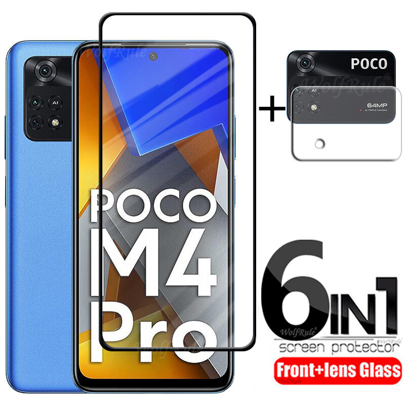 6 en 1 Cristal templado para teléfono Poco M4 Pro, Protector de pantalla con pegamento completo, para Xiaomi Poco M4 Pro, X4, M4 Pro