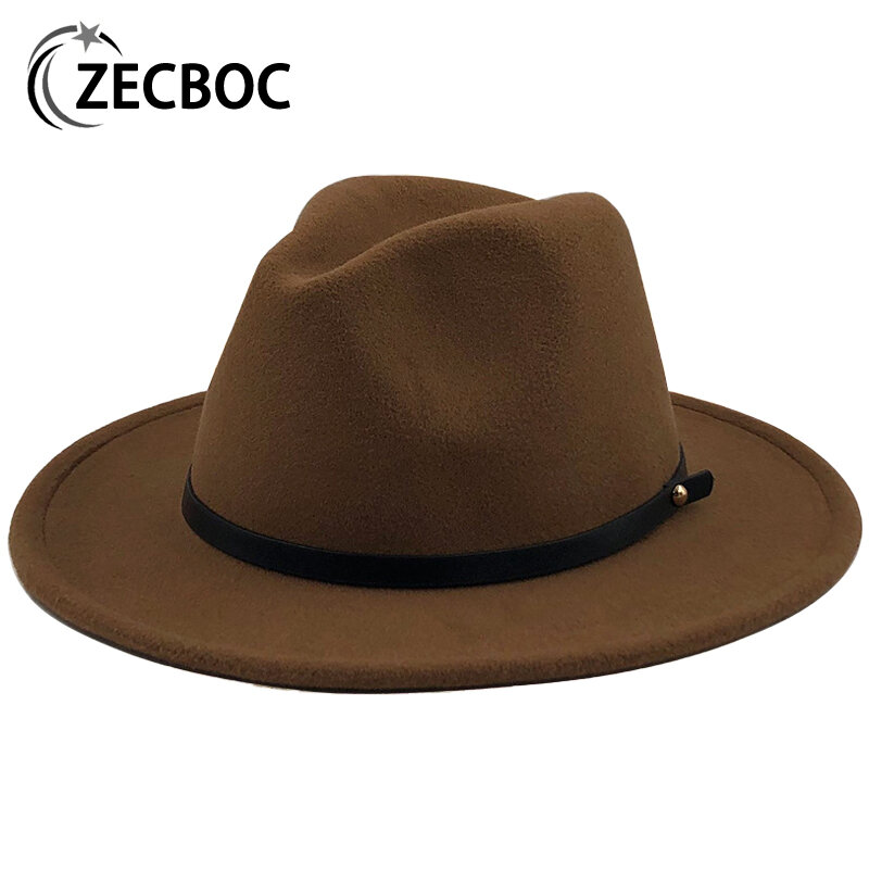 Sombrero Fedora de lana para hombre y mujer, sombrero de fieltro de cuero, de ala ancha Simple, de Jazz, para otoño