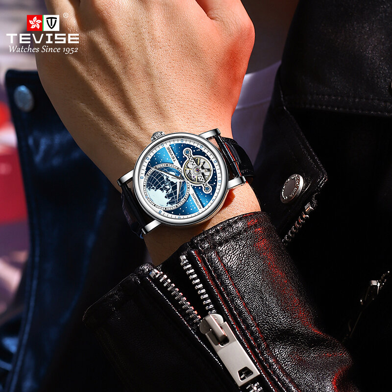 TEVISE-Reloj de pulsera de acero inoxidable T867K, accesorio con movimiento mecánico automático, correa de cuero resistente al agua, luminoso