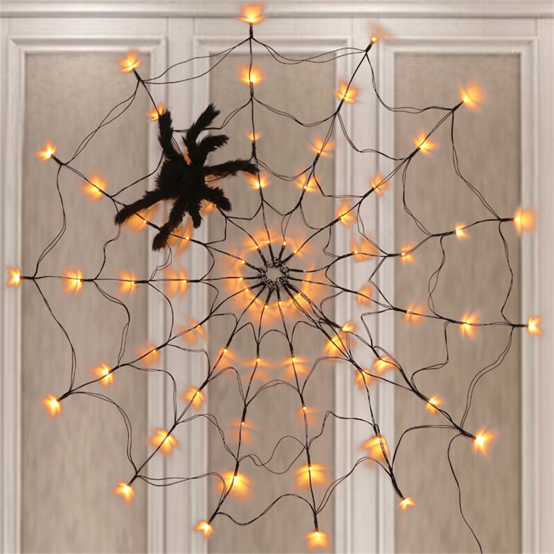 60LED Solar Black Spider Web Lights String Waterproof Halloween Spider Web Wall Light for Party Yard Outdoor Window Decoration