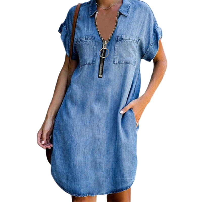 Plus Größe Denim Kleid Frauen Kurzarm Taschen Zipper Unregelmäßigen Saum Knie-länge Lose Kleid Set Sommer Kleider