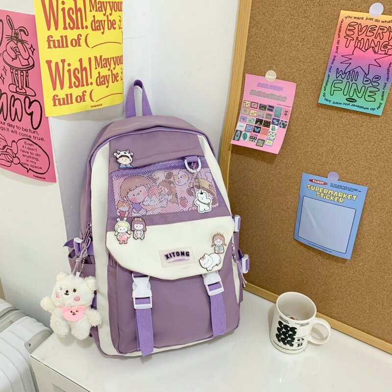 Kawaii Nylon Waterproof Women Backpack College Style Pure Color Schoolbag For Teenage Girls Cute Casual Travel Backpack Bookbag