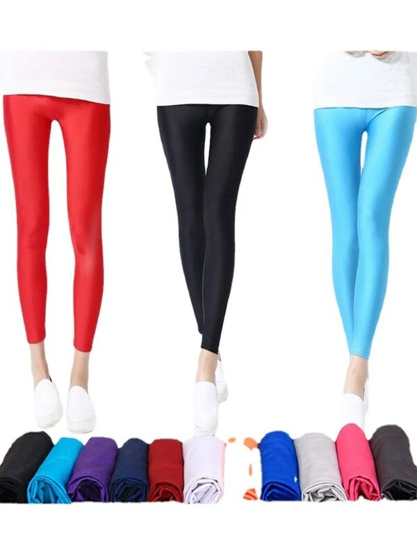 Mulher brilhante calça leggings venda quente leggings sólido doce cor fluorescente elastano elasticidade calças casuais shinny legging