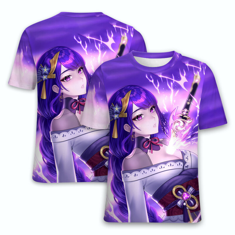 Genshin-camisetas de impacto para niños y niñas, camisas de gran tamaño con estampado 3D de juego de Anime Raiden Shogun, ropa Harajuku para niños