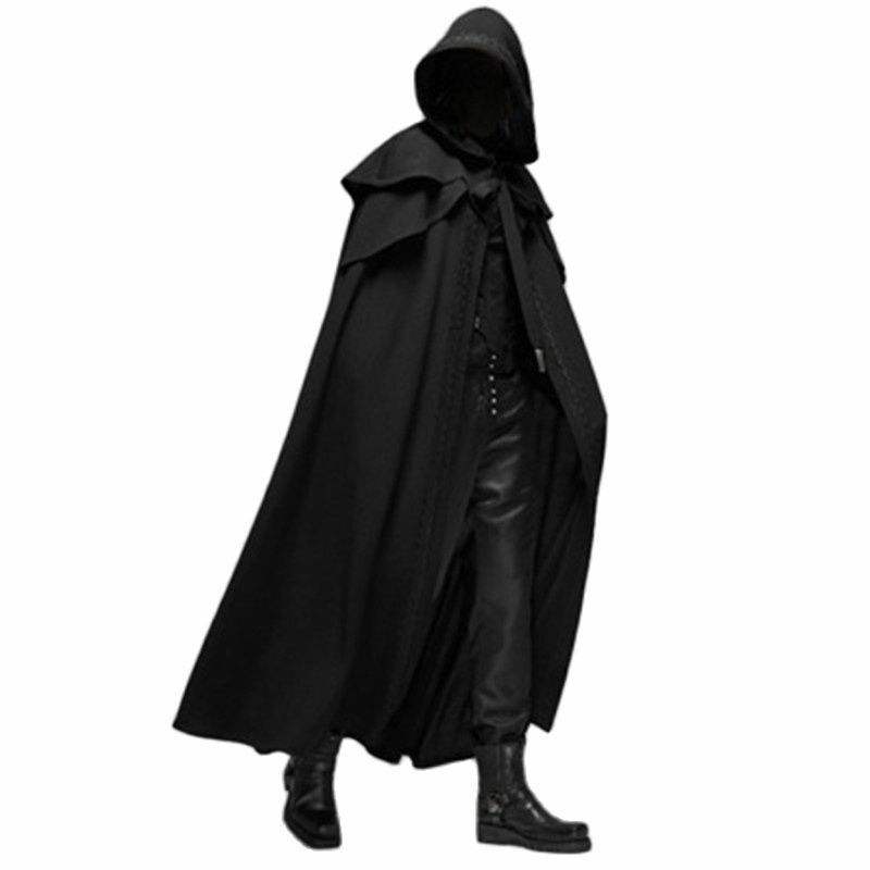 Halloween Hooded Solid Loose Men Black Cloak Coats Windproof Trench Coat Men Chic Winter Long Cape Poncho