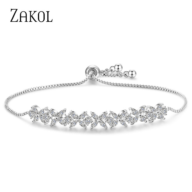 Zakol nova chegada branco cz pedras de zircão flor charme pulseiras ajustáveis para as mulheres da moda jóias de casamento fsbp2136