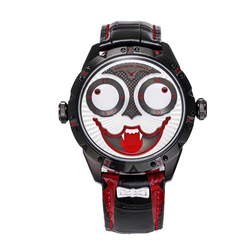 Nowy czarny wampir zegarek ekskluzywny oryginalny zegarek marki Clown męski zegarek mechaniczny skórzany luksusowy projektant projekt Joker Watch
