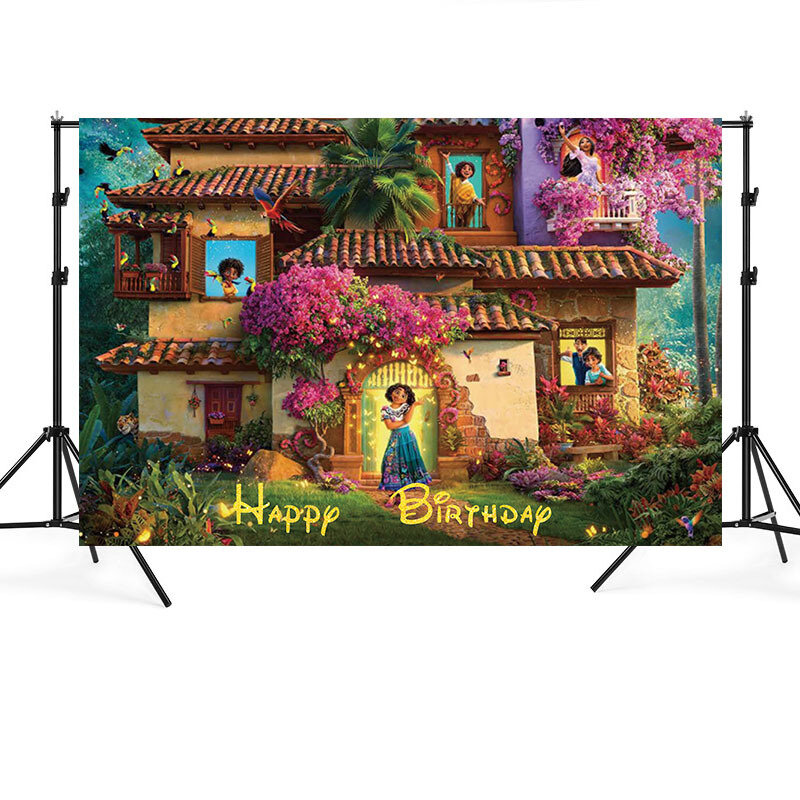Disney-Fondo de fotografía con Encanto Mirabel, cartel de feliz cumpleaños, globos de cumpleaños, juguetes para fiesta de bebé