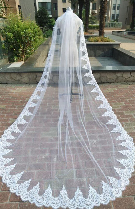 طويل الدانتيل الحجاب الزفاف مع مشط ، كاتدرائية الأبيض ، اكسسوارات الزفاف ، 3 متر ، 1 طبقة