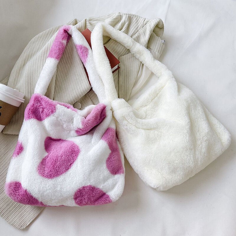여자 가방 플러시 레오파드 러브 하트 패턴 겨드랑이 숄더 가방 가을 겨울 숙녀 대용량 구매자 토트 핸드백