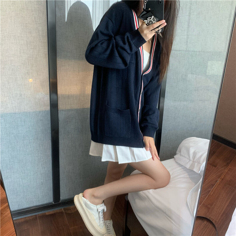 Moda coreana tb stripe malha cardigan feminino com decote em v casaco primavera e outono popular solto camisola versátil topo