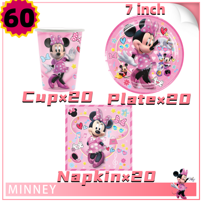 Disney Pink Minnie Mouse Theme Kids Birthday Cup Plate Napkin Disposable Tableware Supplies Girls Birthday Party Decoration Set