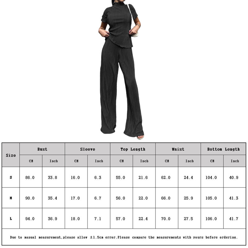 Women Solid Casual 2-piece Set Fashion Short Sleeve Small High Neck Tops and Wide Leg Pants Suit Ladies Summer Slim Office Sets