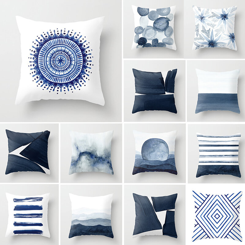 Fundas de almohada de estilo nórdico para decoración del hogar, funda de almohada de paisaje geométrico azul con tinta, decoración de sofá y coche, 44x44cm