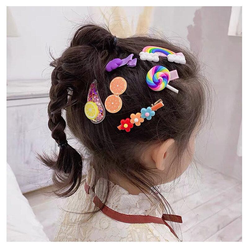 Juego de pinzas para el pelo para niña, accesorios para el cabello con dibujos de frutas y arcoíris, horquillas de dibujos animados, tocado, 14 piezas