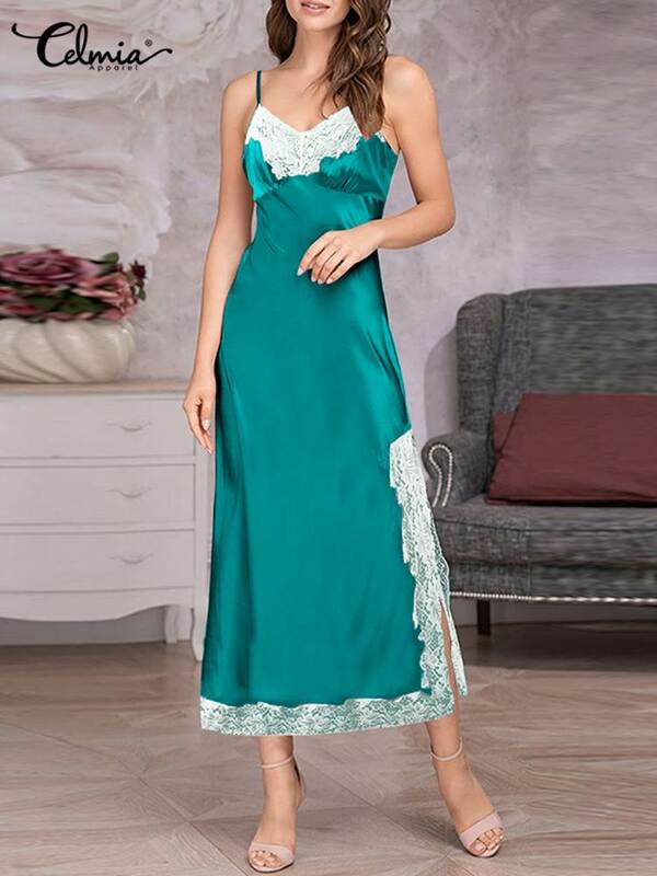 Celmia Soft Leisure Dress Spaghetti Straps 2022 New Sleeveless Stitching Lace Sling Nightgowns Sexy Women Satin Long Sleepdress