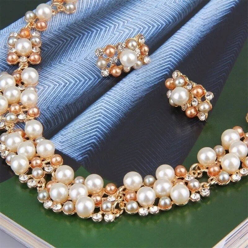 Conjunto de joias de casamento com strass, joias simples de imitação de pérola e cristal, colar brincos para meninas, presente de festa, noivado
