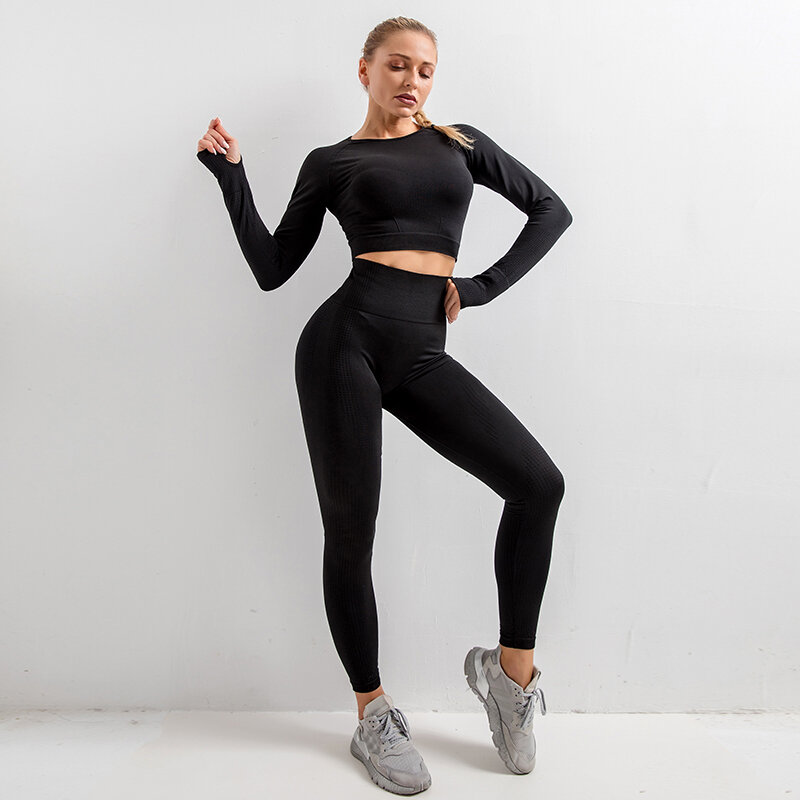 2/3/5Pcs Naadloze Vrouwen Yoga Set Workout Sportkleding Gym Kleding Fitness Lange Mouwen Crop Top Hoge taille Leggings Sport Past