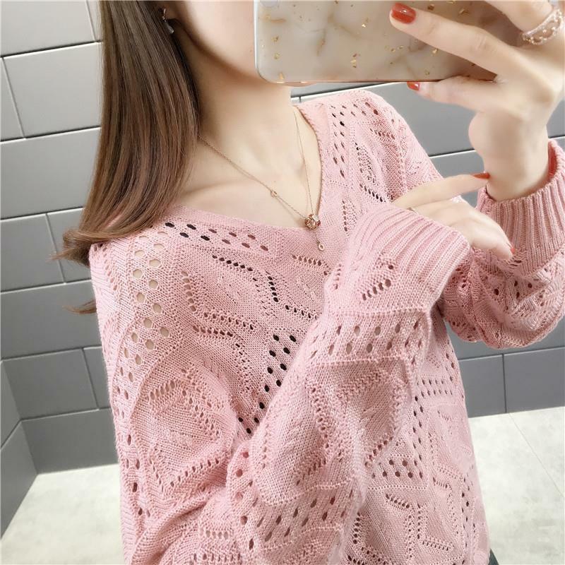 2022 Hollow Out Knitted Sweater New Pullover Autumn Winter Wear V-neck Top Loose Long-sleeved Thin Sweater Bottoming Sweater