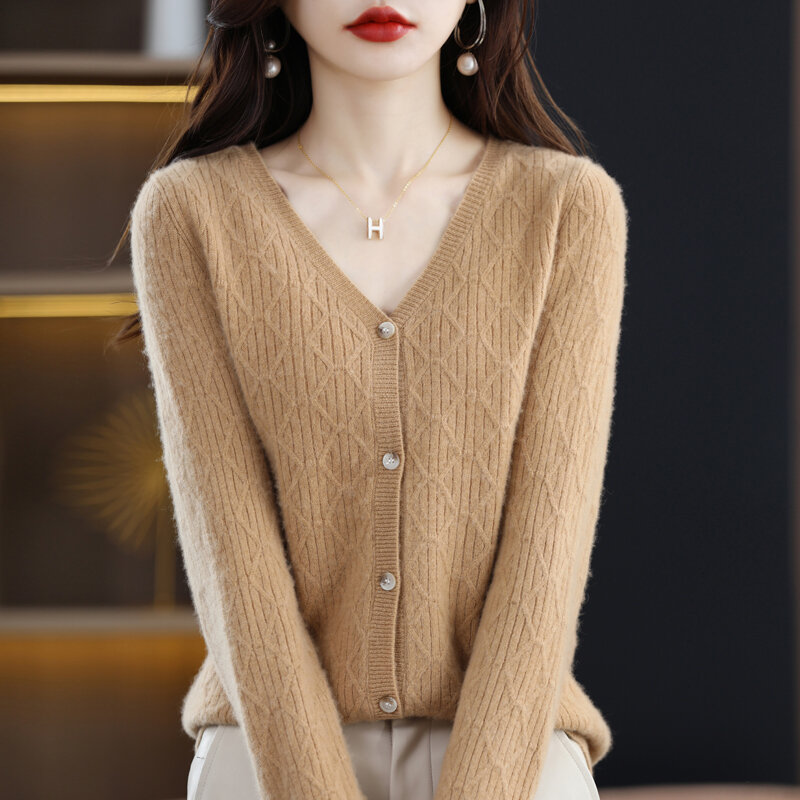 Chaqueta de lana pura australiana con cuello en V para mujer, cárdigan de manga larga de Color sólido, chaqueta de punto a la moda, Otoño e Invierno