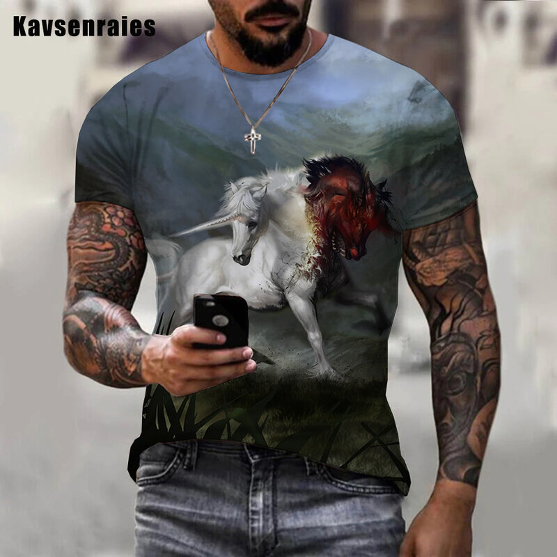 T-shirt Gambar Cetak 3D Hewan Unicorn Hitam & Putih Kualitas Tinggi 2022 Atasan Kaus Lengan Pendek Leher-o Harajuku Kasual Fashion Wanita Pria