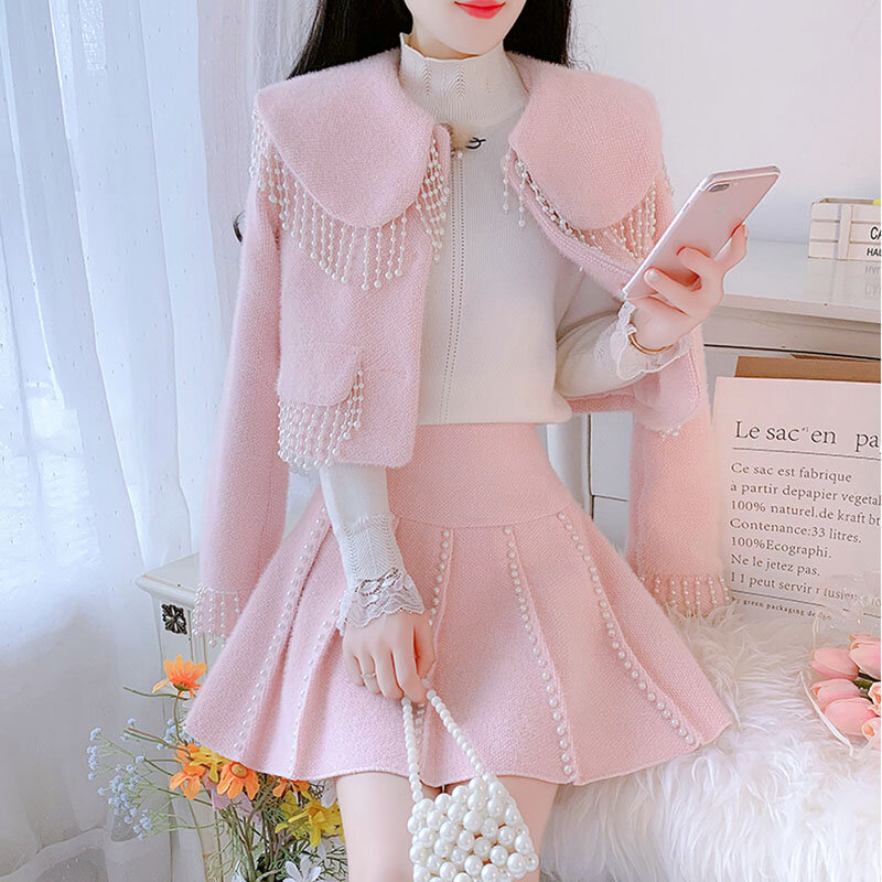 Small Fragrance Two Piece Sets Vintage Women Elegant Tweed Beading Jacket Coat + A-Line Mini Skirt Suits Korean Sweet Outfits