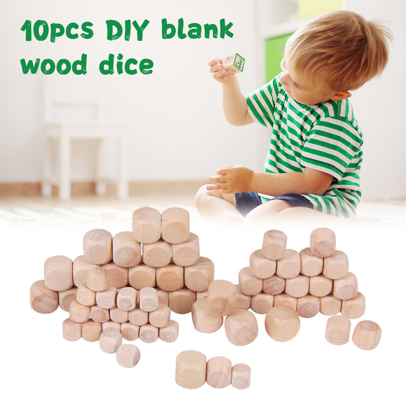 10pcs Blank Wood Dice DIY Game Printing Engraving Wood 6 Sided Cube Dices Family Party Board Game Accessories Kids Toys