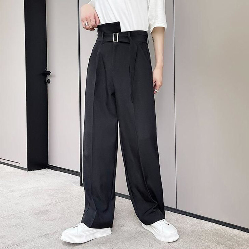 Nowy Trend luźna szeroka nogi moda garnitur spodnie męskie wysokiej talii spodnie na co dzień koreańska wstążka pas Streetwear Hip-Hop