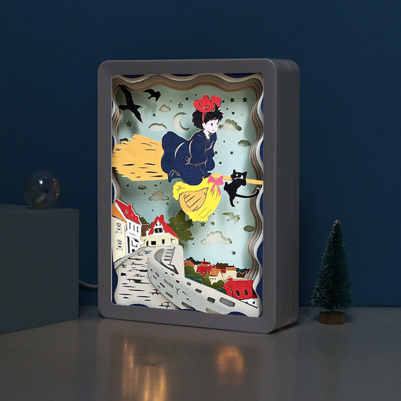 3D 야간 조명 키키 배달 서비스 애니메이션 그림자 상자 프레임 Led 스트립 조명 Diy 컬러 종이 컷 라이트 박스 테이블 램프 룸