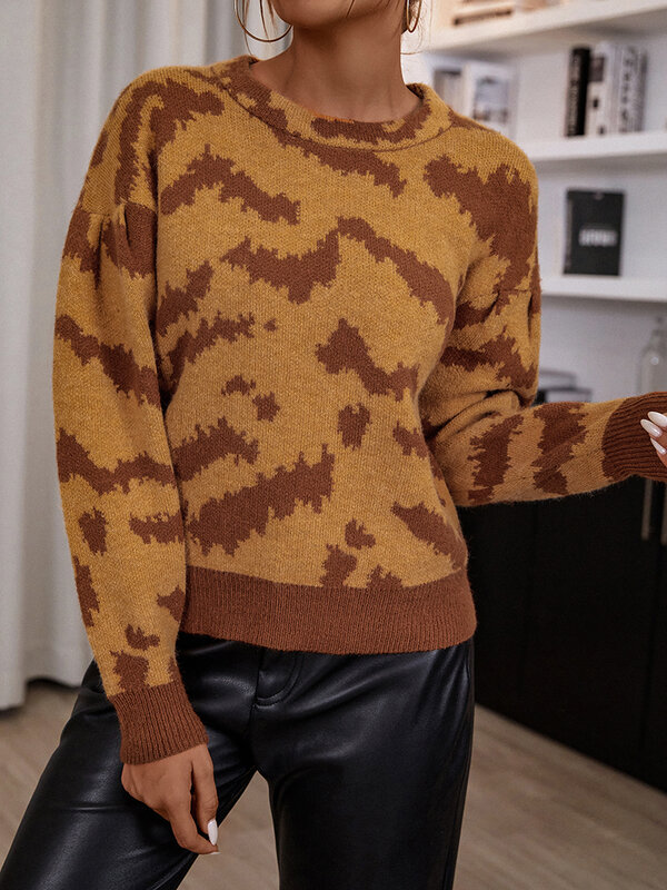 NOOSGOP Brown Orange Long Sleeve O Neck Animal Zebra Pattern Print Knit Clothing Autumn Winter 2022 Women Short Pullover Sweater