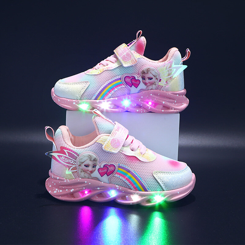 Disney Frozen Luminous  Anna Elsa Spot Breathable Leisure LED Children Shoes Baby Trainer Kids Tennis for Girl Boots Sneakers
