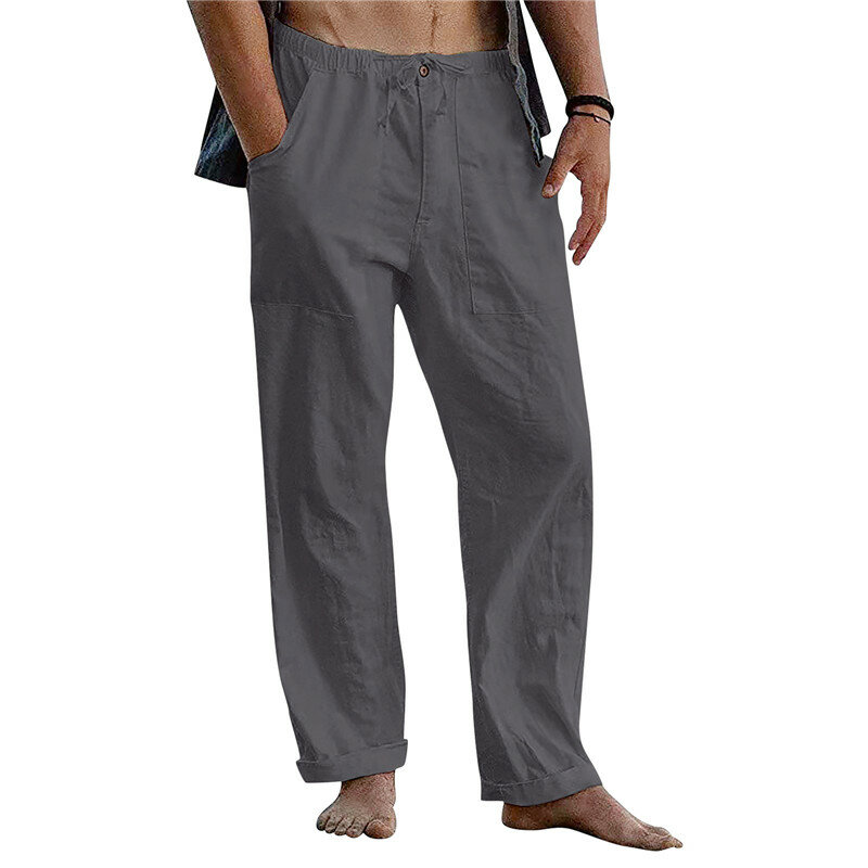 Novo masculino casual algodão linho calças de verão respirável cor sólida esportes fitness streetwear