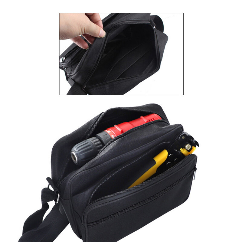 Realmote borsa a tracolla multifunzionale Kit di attrezzi di stoccaggio resistente all'usura pacchetto di cartelle in tela nera per elettricista di manutenzione