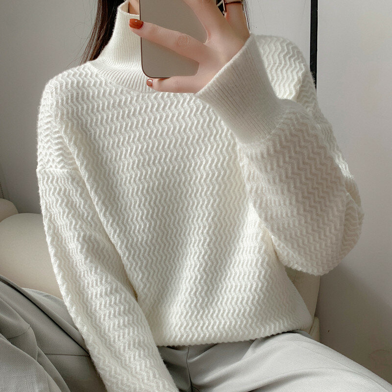 Autunno nuovo dolcevita maglione lavorato a maglia ondulato da donna semplice vento pigro manica lunga versione coreana maglione jolly sciolto
