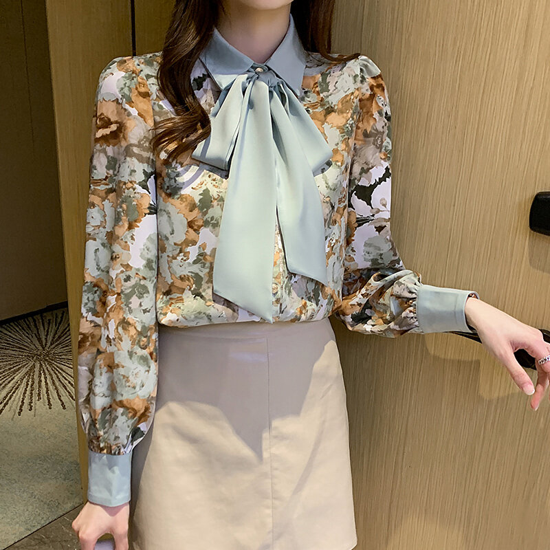 Moda floral impresso camisa feminina laço solto cachecol camisa de mangas compridas escritório ladiestop frete grátis roupas para mulher