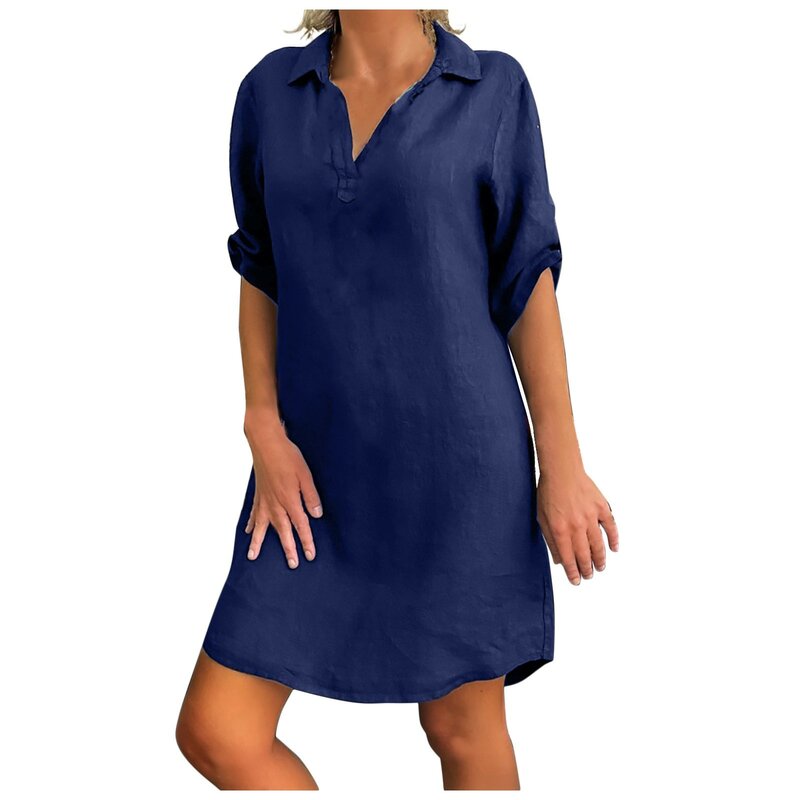 موضة مثير المرأة فستان فضفاض الشارع الشهير شاطئ فستان مناسبات حجم كبير الصلبة القطن الكتان بدوره أسفل طوق قميص فستان Vestidos