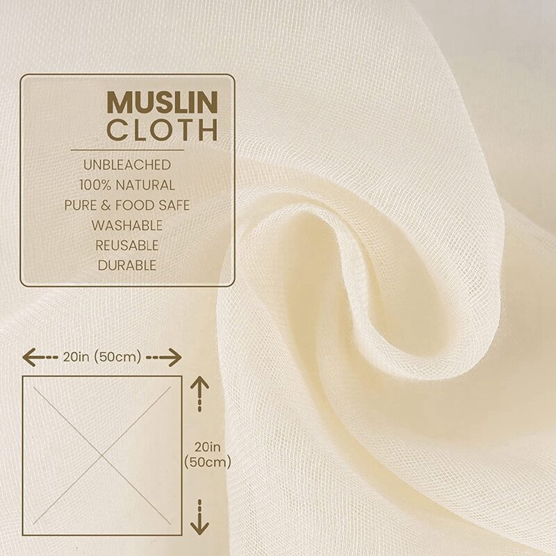 Muslin Cloths For Cooking, Pack Of 5 (50X50CM), Unbleached, Cotton Reusable And Washable Cheese Cloths For Straining