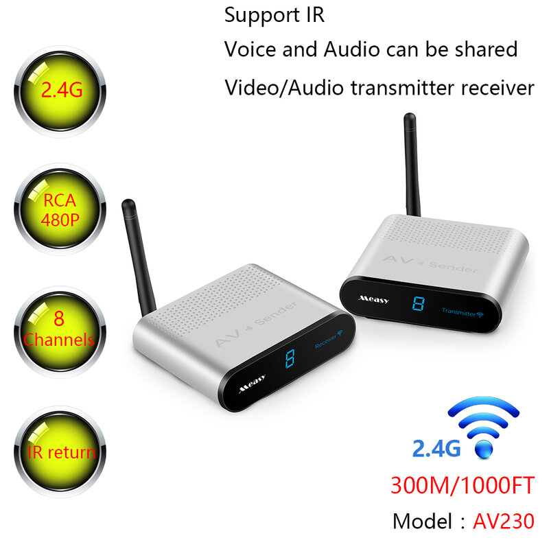 Transmisor y receptor de Audio y vídeo inalámbrico AV230 2,4 GHz, 8 canales, RCA 480P, emisor para Cable de Streaming, satélite, DVD
