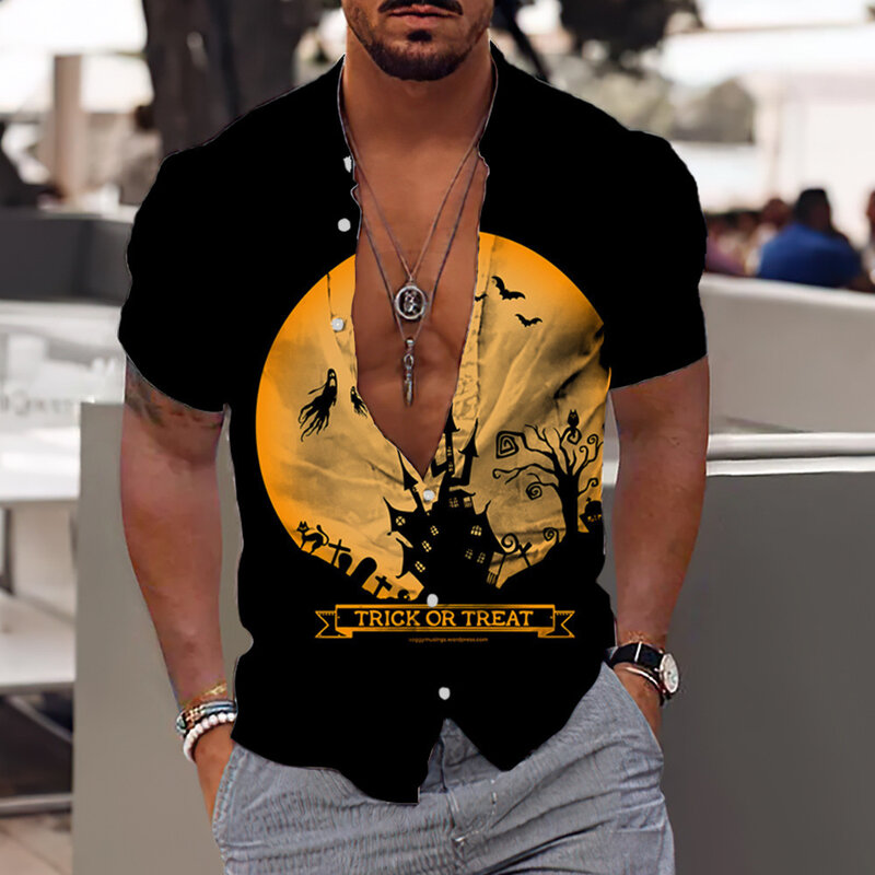 2022 Hawaiian Shirt Mannen Hallowmas 3d Bedrukte Shirts Voor Mannen Vakantie Volledige Mouw Strand Tops Tee Shirt Mannen Oversized Blouse