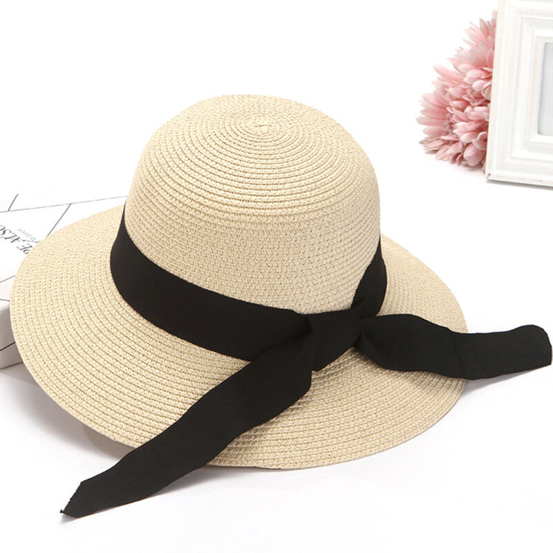 Sombrero de paja plegable con ala ancha para mujer, sombrero de paja flexible, sencillo, para playa, protección UV, de viaje