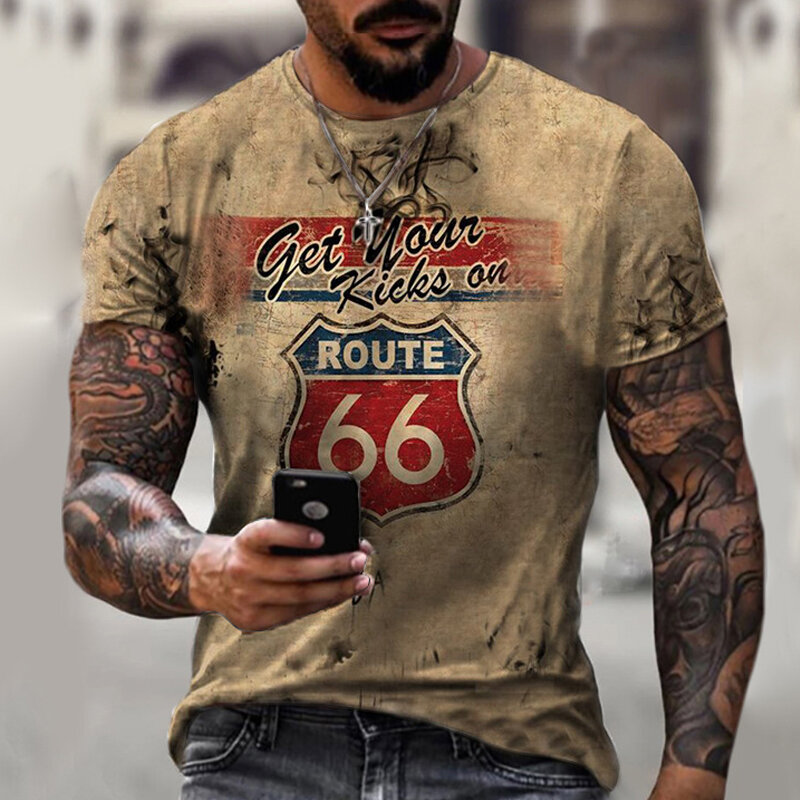 Summer Men's T Shirts Oversized Loose Clothes Vintage Short Sleeve Fashion Route 66 Letters Printed O Collared Men Clothing Top