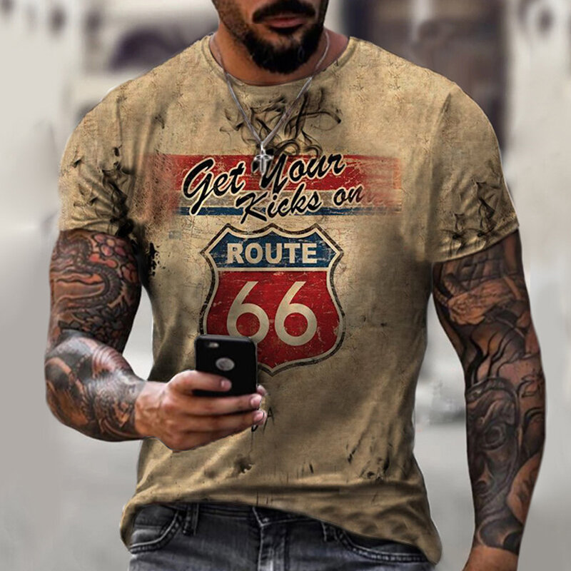 Magliette da uomo estive vestiti larghi oversize Vintage manica corta Fashion Route 66 lettere stampate O colletto abbigliamento uomo Top