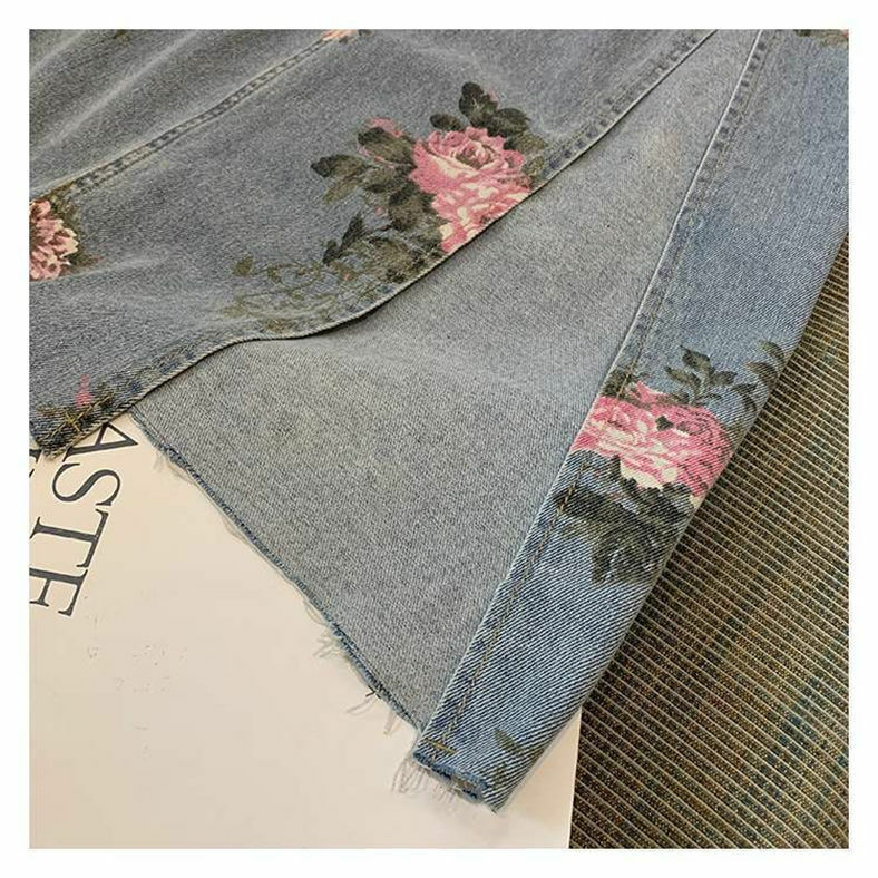 Streetwear Vintage Flowers Print Long Denim Skirts Summer 2022 High Waist Slim Sexy Open Split Straight Skirt Jeans Female