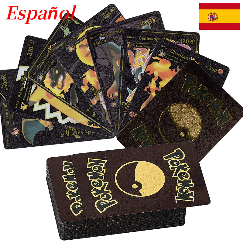 2022 mais novo espanhol pokemon cards metal preto ouro vmax gx cartão de energia charizard pikachu raro coleção batalha treinador cartão brinquedo