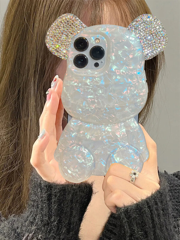 3D 곰 스타일리시 블링 반짝이 다이아몬드 색상 쉘 조가비 패턴 소프트 케이스, 아이폰 11 12 13 프로 XR X XS 맥스 귀여운 뒷면 커버
