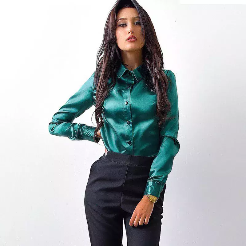 Women Blouse Elegant Wine red Green Satin Shirt Turn Down Collar Longth Sleeve Female Formal Office OL Blouse Women Tops