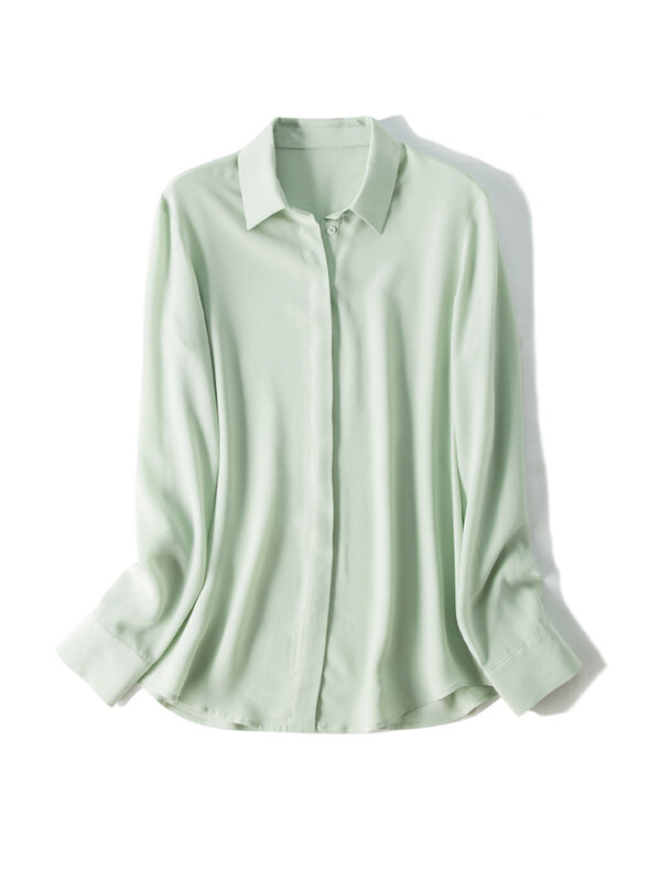 Blusas de seda 100% auténtica para mujer, camisa de manga larga con carácter sólido, básica, con botones, elegante y Formal, a la moda