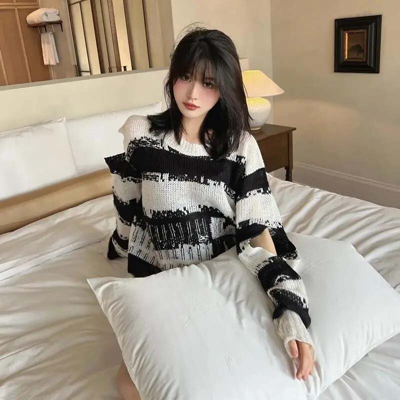Women's Black and White Striped Knitted Sweater Punk Off-the-shoulder Ripped Long-sleeve Sweater Slouchy Loose Top Pullover