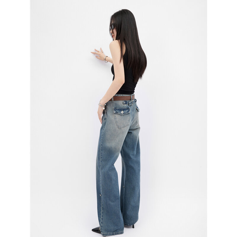 Jeans Wanita Warna Kontras Biru Celana Baggy Lurus Vintage Pinggang Tinggi Mode Streetwear Celana Denim Kaki Lebar Musim Gugur