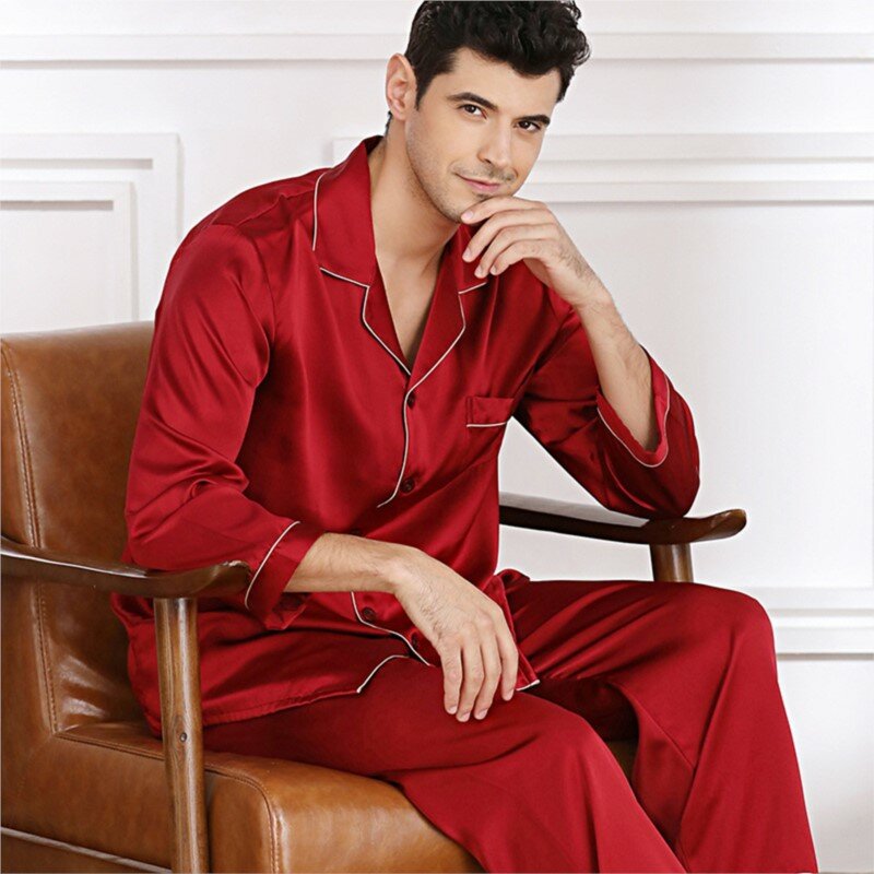 남성용 100% 진짜 실크 잠옷 세트, 남성 잠옷 라운지웨어, 긴 소매 잠옷, 잠옷, 섹시한 속옷